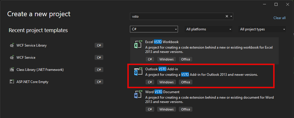 Choosing to create a new project of the type Outlook VSTO Add in