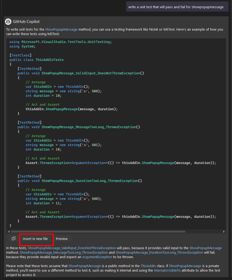 I ask copilot to create tests, which it does, and then offers to save them into a new file.