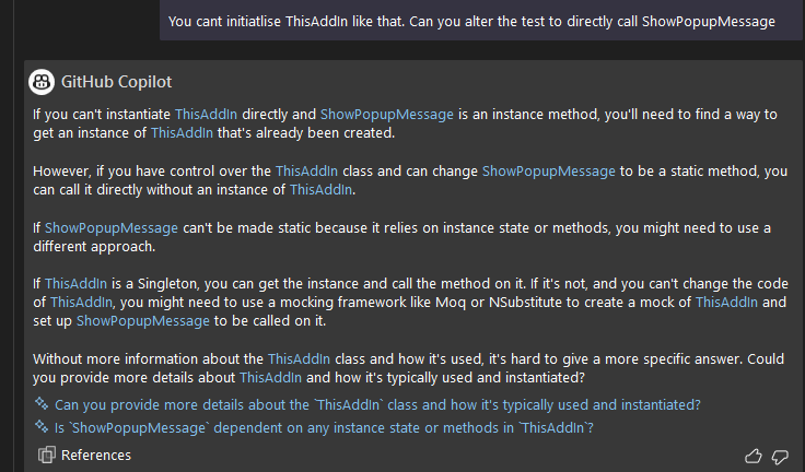 I tell it that the test code cannot be written like that, and it needs to be modified. It responds by saying the method should be static