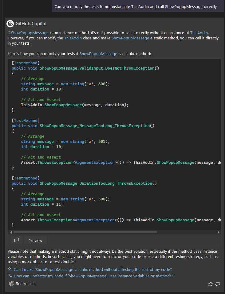 I ask copilot to modify the tests now that the Show Popup Message method is static.