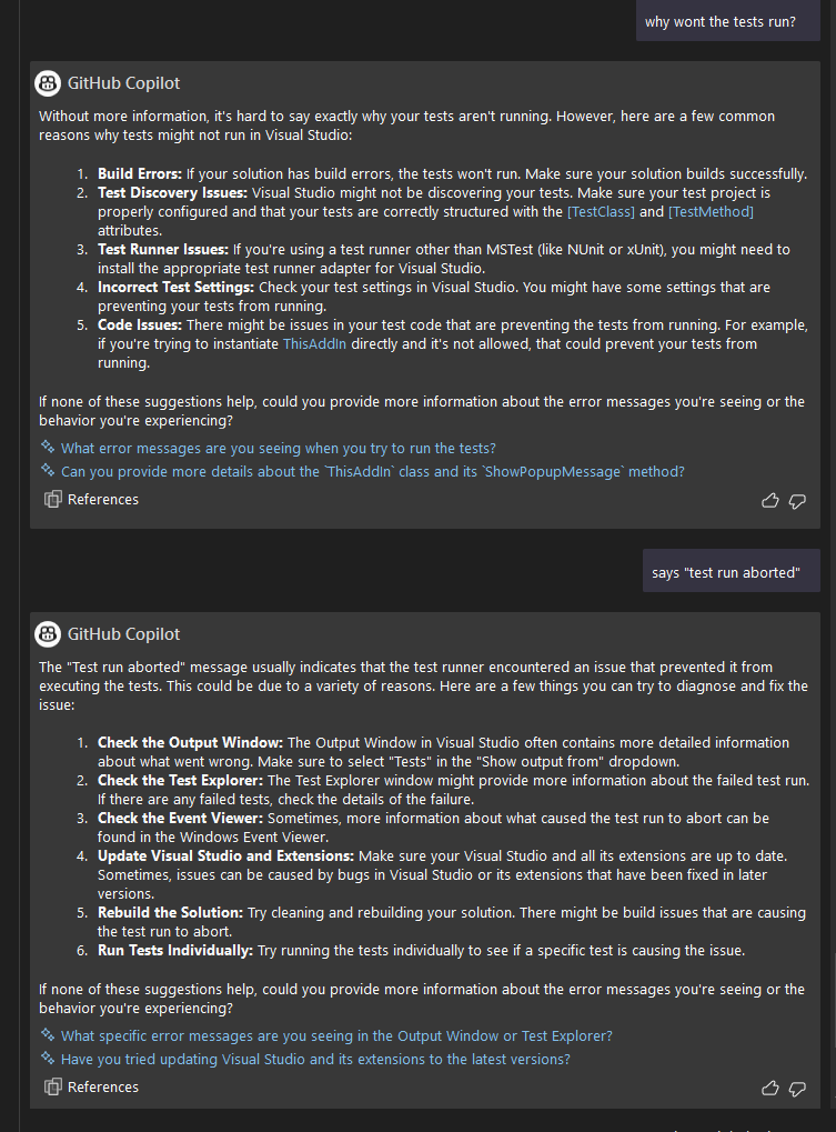 The tests won't run so I ask copilot why. It says I need to install the MsTest adapter via nuget package manager.