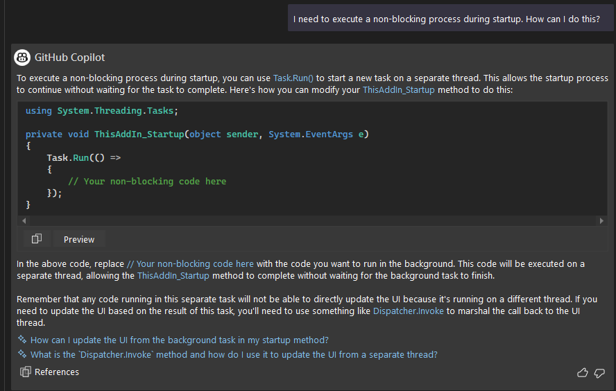 I ask "i need to execute a non-blocking process during startup. How can I do this?" and GitHub Copilot chat responds.