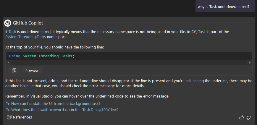 I ask why there is an error. Chat replied that I need to add System.Threading.Tasks using directive.
