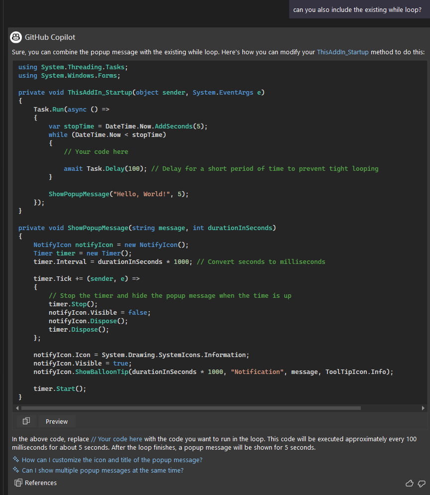 Image asks copilot to modify the code it created to include the existing while loop it had already written, but forgot about when it was creating the new code.