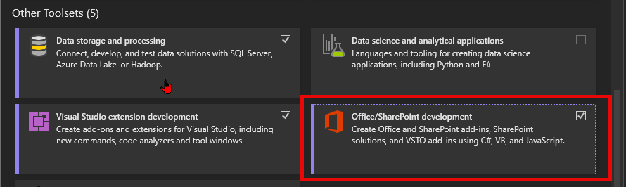 Image shows a how to install the Office/Sharepoint Development feature in Visual Studio installer.